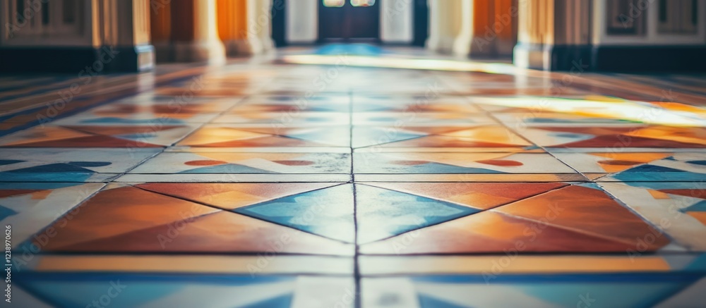 Aufkleber Colorful patterned floor tiles in a corridor with soft natural light creating reflections and shadows Copy Space