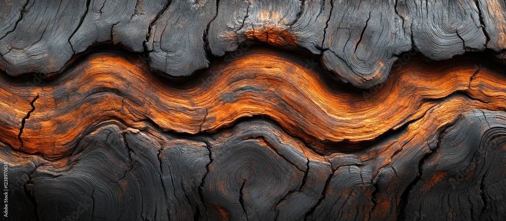 Poster burnt wooden texture with intricate patterns and warm orange highlights on a dark background, suitab