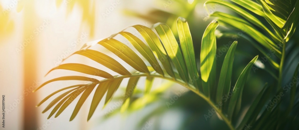 Aufkleber close-up of green palm leaves illuminated by sunlight with a blurred background and copy space for t