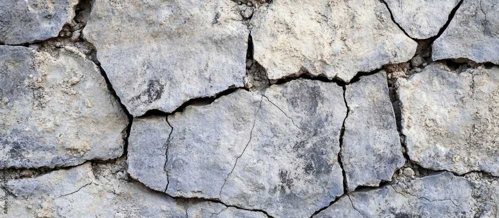 Aufkleber Cracked textured surface of weathered stone wall with rough uneven features and faded colors suitable for background use Copy Space