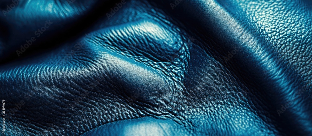Poster close-up texture of blue leather with intricate folds and details showcasing the surface characteris