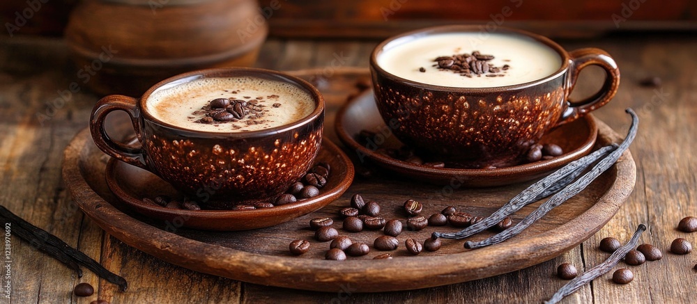 Aufkleber coffee cups with frothy beverages and coffee beans on wooden tray with vanilla pods in rustic settin
