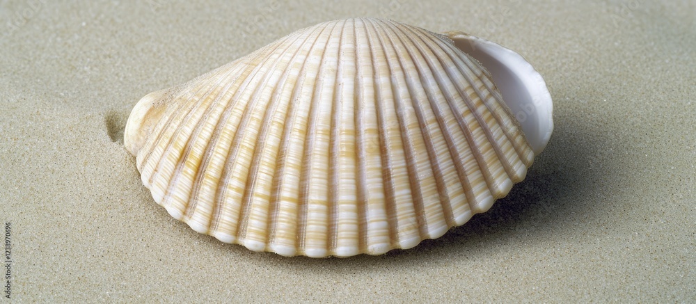 Aufkleber Close-up of a scallop shell resting on fine sand with natural lighting showcasing its texture and color Copy Space