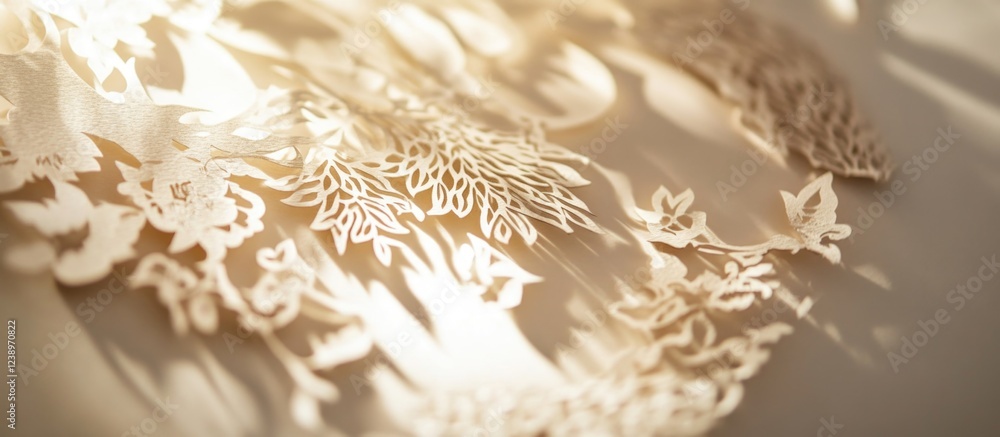 Aufkleber delicate paper lace artwork casting intricate shadows on a soft surface with warm lighting and subtl