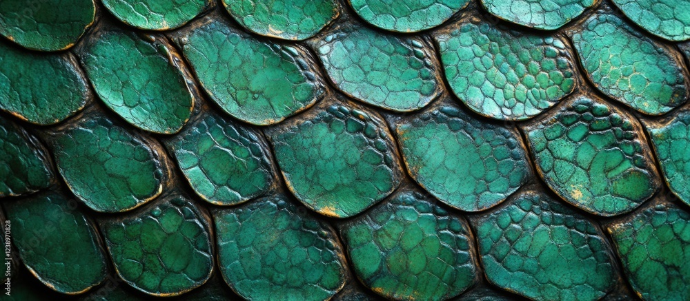 Poster Close-up view of green reptile scales exhibiting texture and color variations ideal for background use with Copy Space