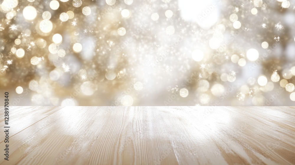 Aufkleber wooden table surface with blurred gold bokeh background and copy space for text overlay