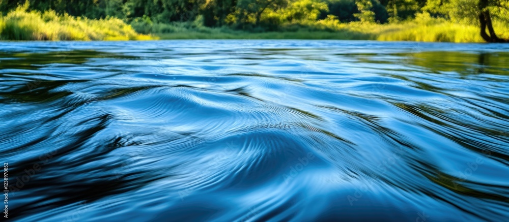 Poster rippling water surface in serene natural landscape with reflections of trees and blue sky in backgro