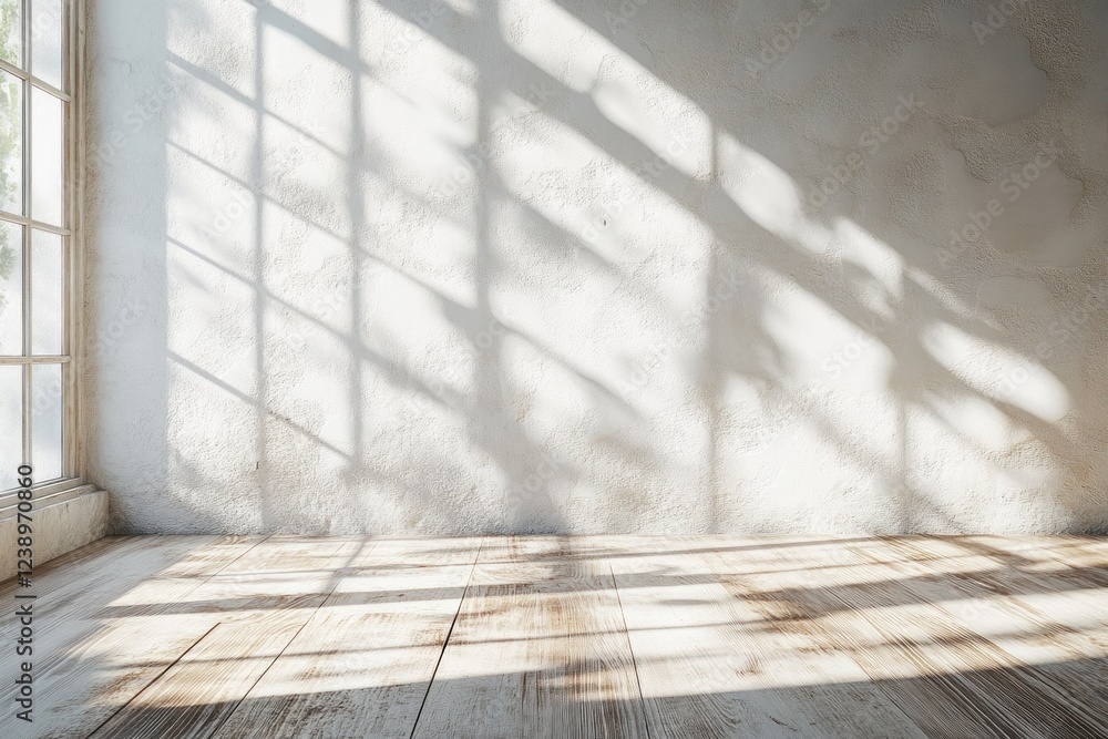 Poster bright daylight streams in through a side window, casting intricate shadows on the empty light wall,
