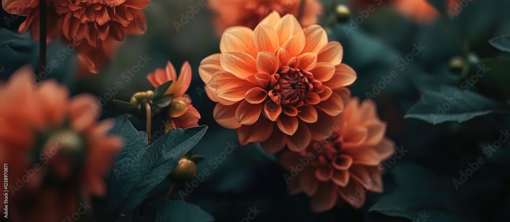 Poster close-up of orange dahlia flowers with dark green leaves in a natural setting with soft focus and de