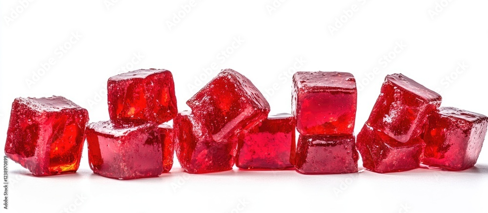 Poster Red gelatin candy cubes arranged on a white background with reflective surface and copy space for text placement