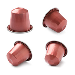 Coffee capsule isolated on white, collage. Single-serving container