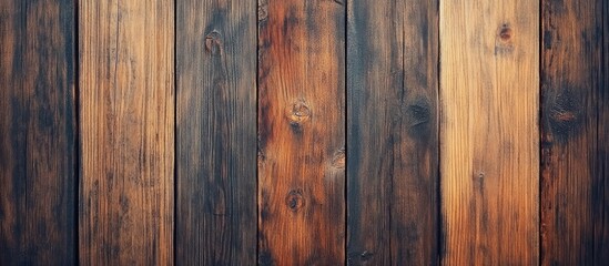 Naklejka premium Wooden plank wall texture in various shades of brown with natural grain patterns and knots for background use Copy Space