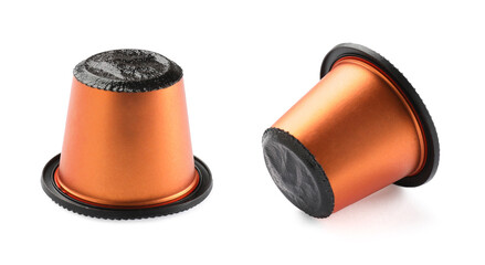 Coffee capsule isolated on white, collage. Single-serving container