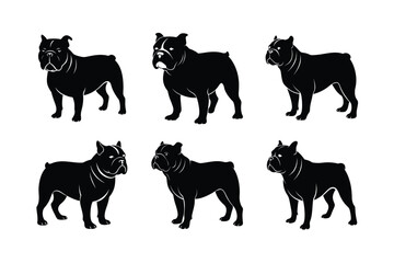 Bulldog dog breed silhouettes in standing and sitting