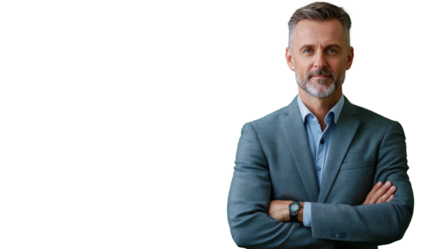 Confident businessman crossing arms on transparent background