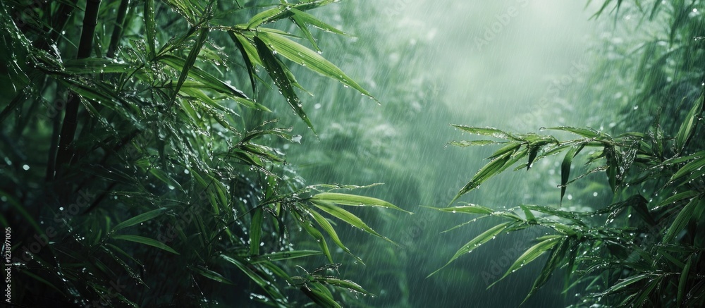 Poster Bamboo forest with rain droplets on leaves creating a misty atmosphere and soft focus background showing nature's tranquility Copy Space