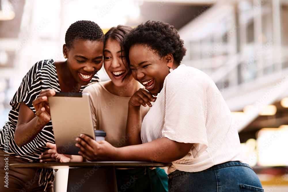 Aufkleber women, group and tablet with laugh at office with funny meme, memory and reading post on application
