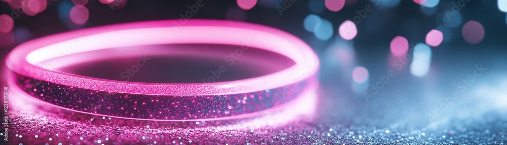 Poster a bright pink neon halo glows softly, creating an enchanting background effect. the light diffuses b