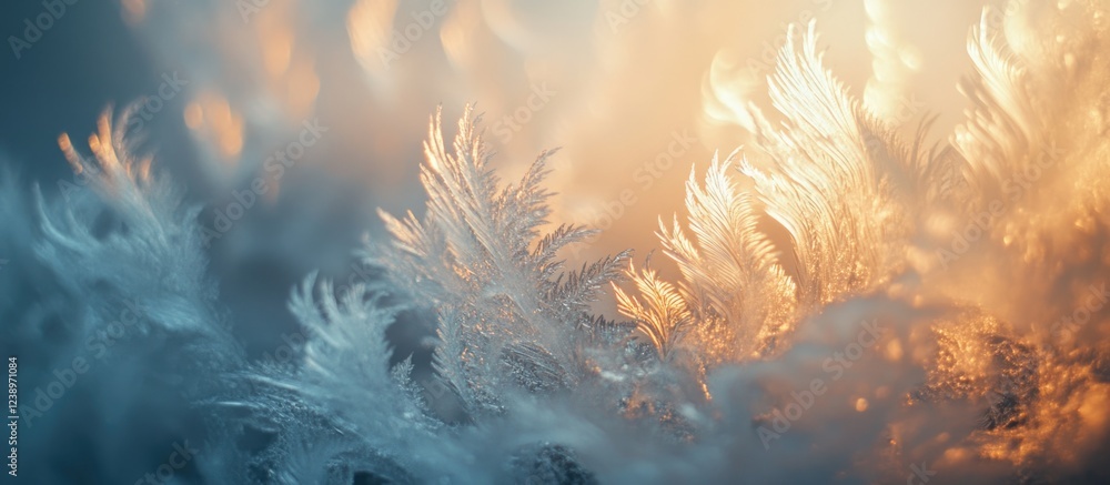 Poster close-up of delicate frost patterns on a surface with warm light illuminating icy textures visible i