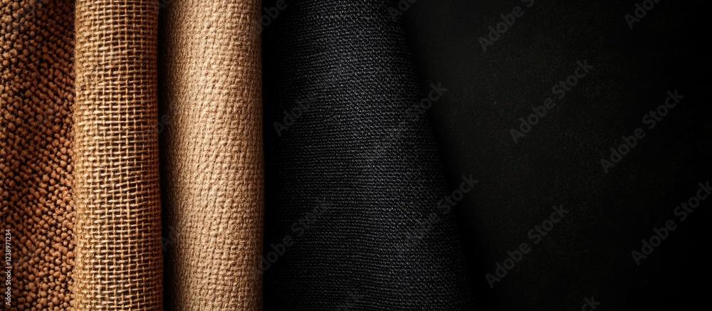 Aufkleber Assorted Textured Fabrics with Natural and Dark Tones on Display with Copy Space for Text