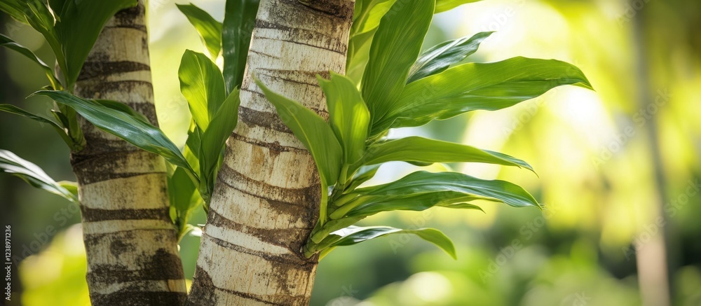 Poster close-up of tropical tree bark with lush green leaves on blurred background suitable for nature and 