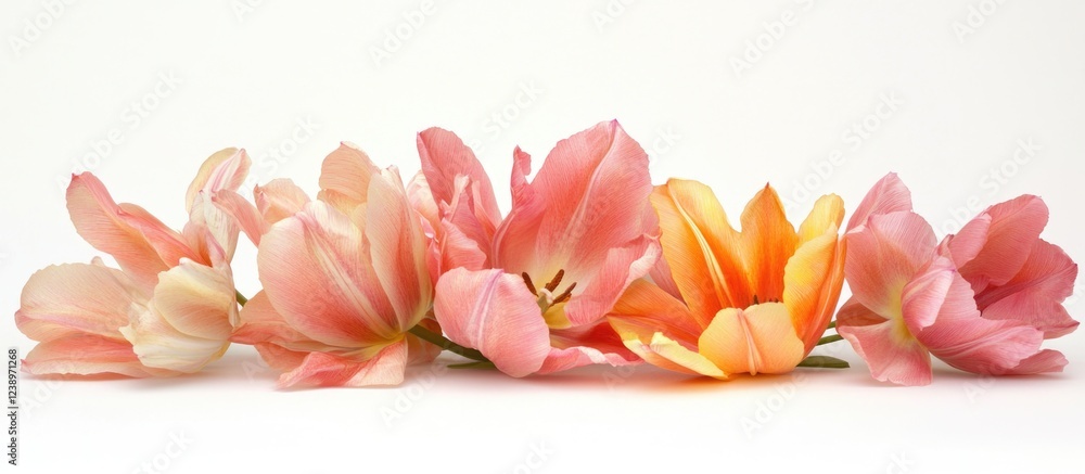 Poster pink and orange tulip flowers arranged in a line with white background and ample copy space for text