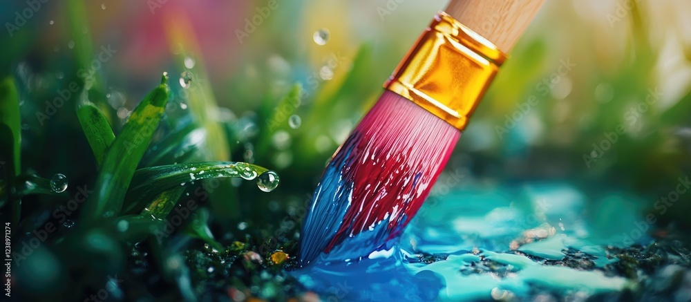 Poster close-up of paintbrush dipping into colorful paint on wet grass with droplets of water and blurred b