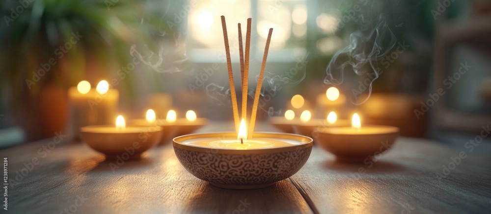 Poster incense sticks burning in decorative bowls with flickering candles in a softly lit ambiance surround