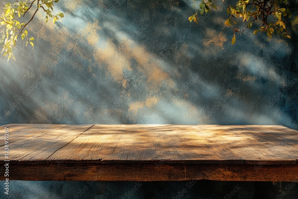Poster a rustic wooden table under soft light casts beautiful shadows against a textured wall in a peaceful