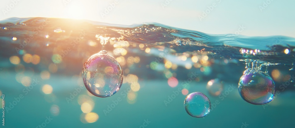 Aufkleber Underwater scene with soap bubbles illuminated by sunlight creating sparkling reflections and soft focus in clear water Copy Space