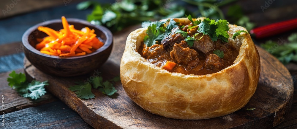Aufkleber beef stew served in a bread bowl with fresh herbs and a side of pickled carrots on a wooden cutting 