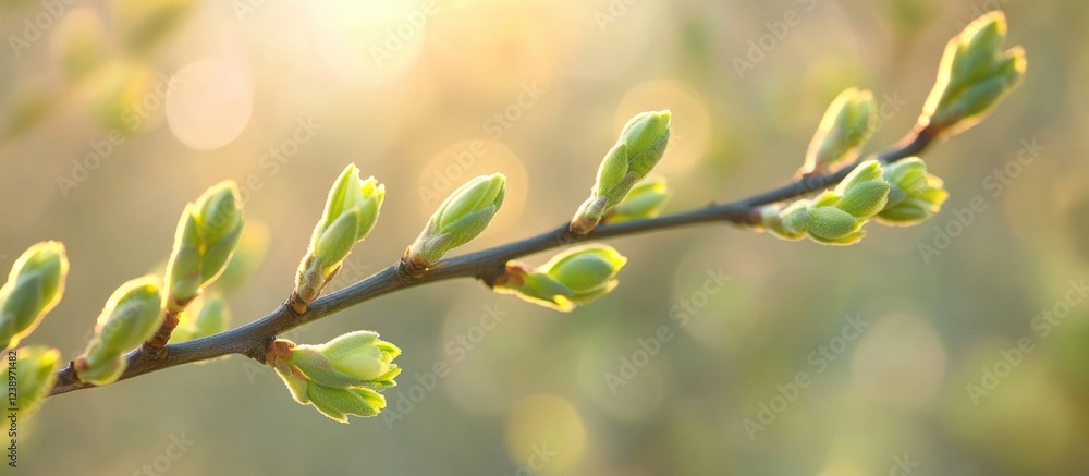 Poster green buds on a slender branch with a soft background of blurred light and natural bokeh effects, id
