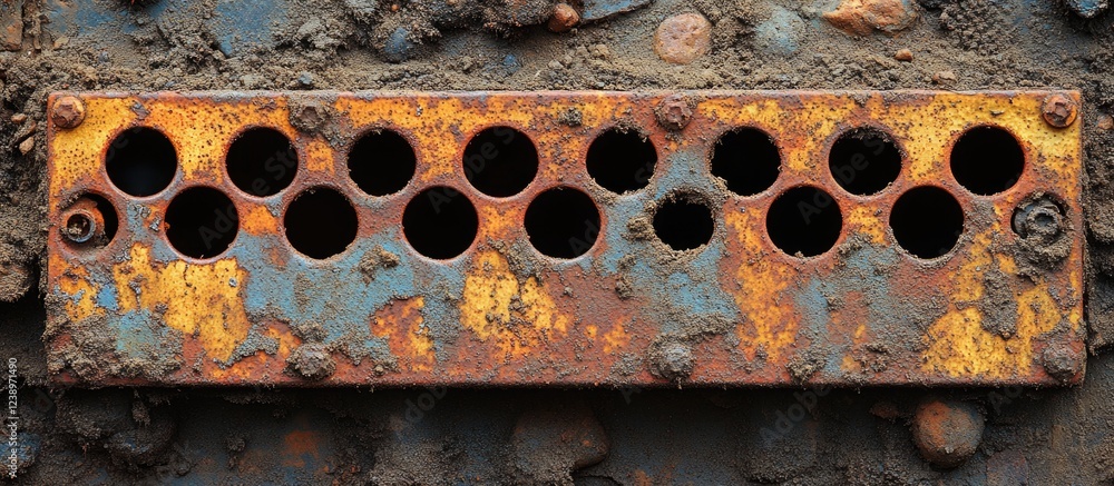 Poster rusty metal panel with circular holes and peeling paint textures on a weathered surface