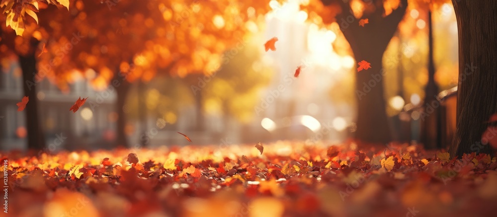 Poster autumn landscape with falling orange leaves on a path surrounded by trees in warm sunlight copy spac