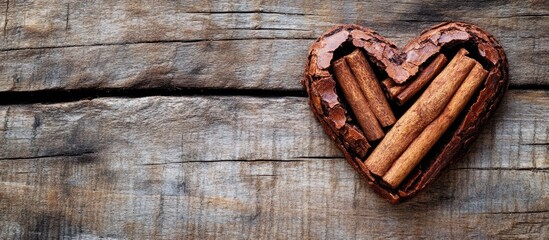 Cinnamon sticks arranged in heart shape on rustic wooden background with Copy Space for text placement