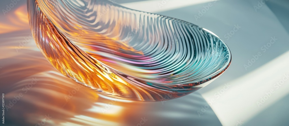 Aufkleber Colorful glass bowl with swirling patterns and reflections illuminated by soft light on a textured surface Copy Space