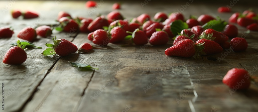 Poster freshly picked strawberries scattered on a rustic wooden surface with green leaves and ample copy sp