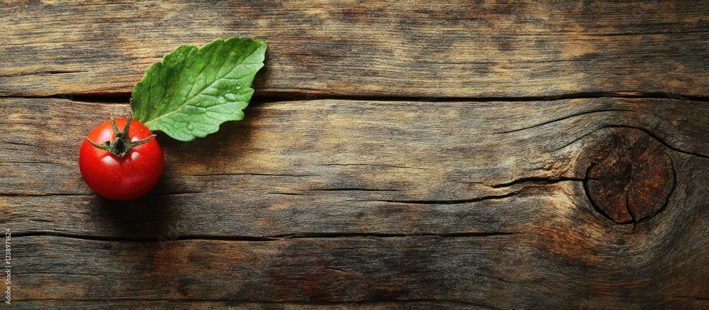 Poster red tomato with green leaf on rustic wooden background with ample copy space for text placement.