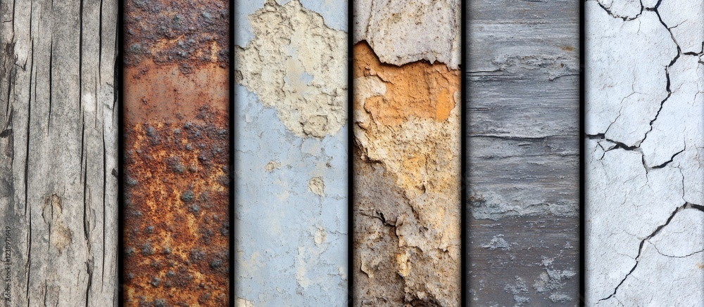 Poster collection of textured surfaces including wood, rust, peeling paint, and cracked walls with varying 