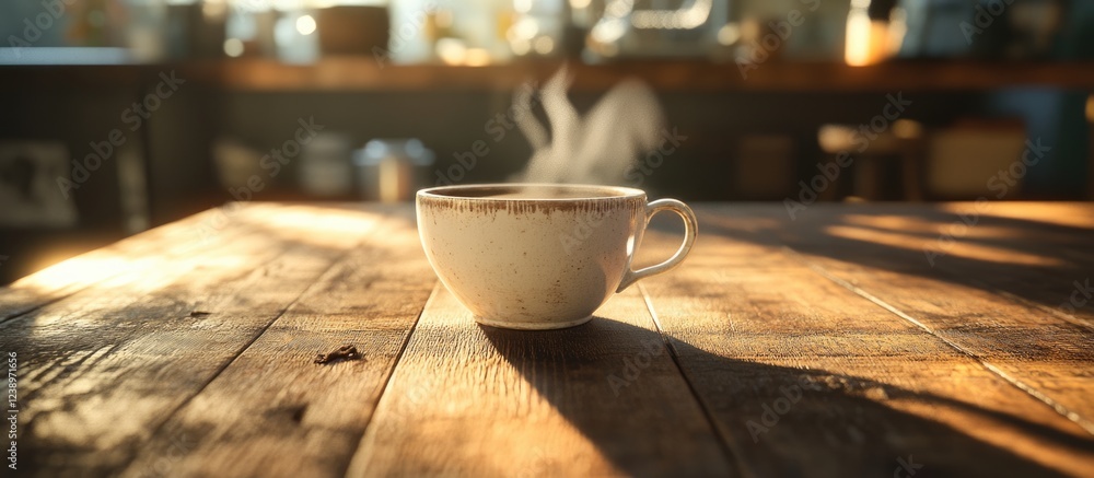 Aufkleber steam rising from a white ceramic coffee cup on a rustic wooden table in a warm ambient cafe setting