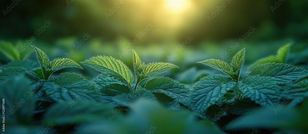 Poster Lush green leaves with soft sunlight filtering through, creating a tranquil atmosphere in a natural setting, Copy Space