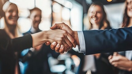 A handshake between business colleagues after closing a deal, with the team applauding in a bright, modern office. The scene reflects a sense of accomplishment.