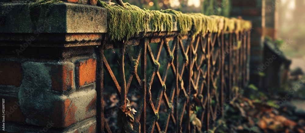 Poster rusty metal fence covered with moss and vegetation in a secluded area with soft light during early m