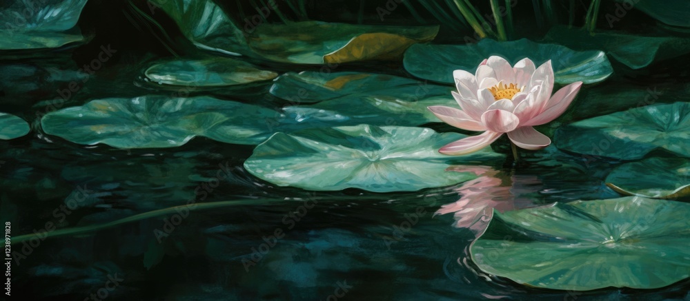 Poster water lily flower on calm water surface surrounded by floating green lily pads reflection in water c