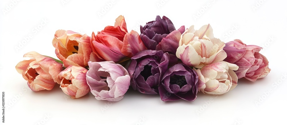 Poster assorted tulip flowers in various colors arranged in a row on a white background with copy space for