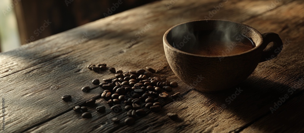 Aufkleber coffee cup with steaming beverage and scattered coffee beans on rustic wooden table surface copy spa