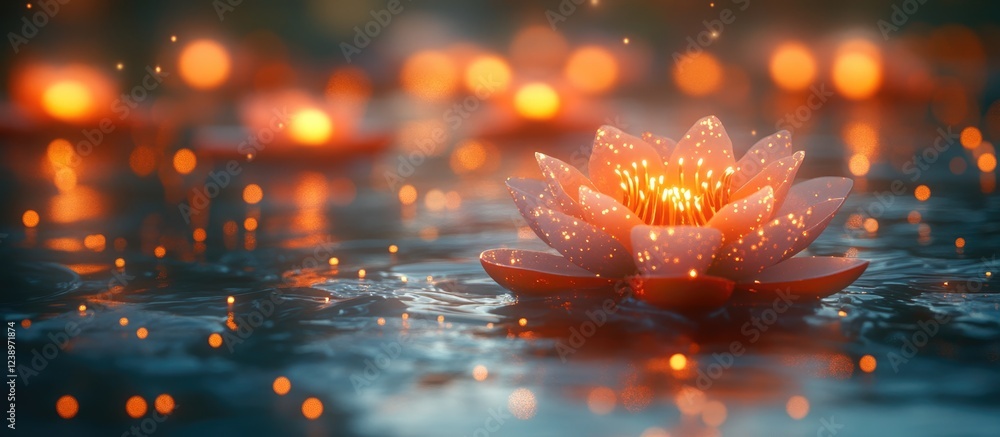 Aufkleber Glowing water lily flower with soft bokeh lights on water surface in serene evening setting with copy space for text