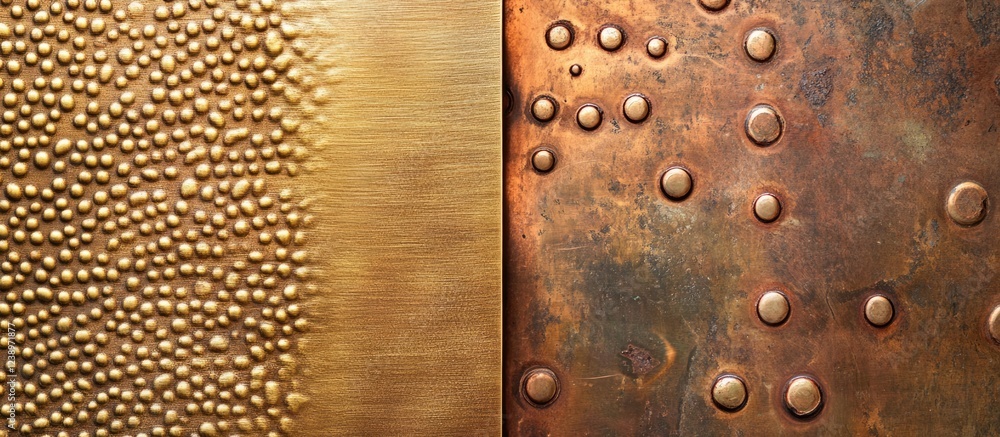 Aufkleber two textured metallic surfaces featuring a gold pattern with raised dots and a copper surface with c