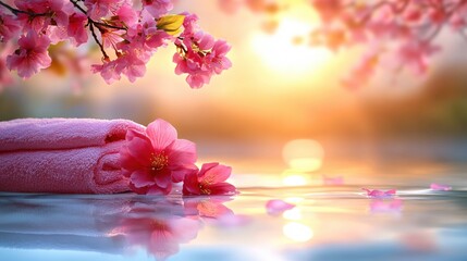 Pink blossoms and soft towels on reflective surface with golden sunset background creates calm