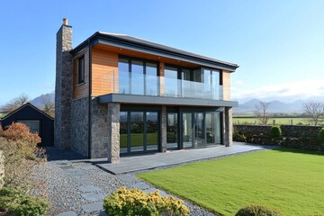 This exterior view highlights a new modern house featuring large glass windows and a stone facade against a stunning mountain backdrop